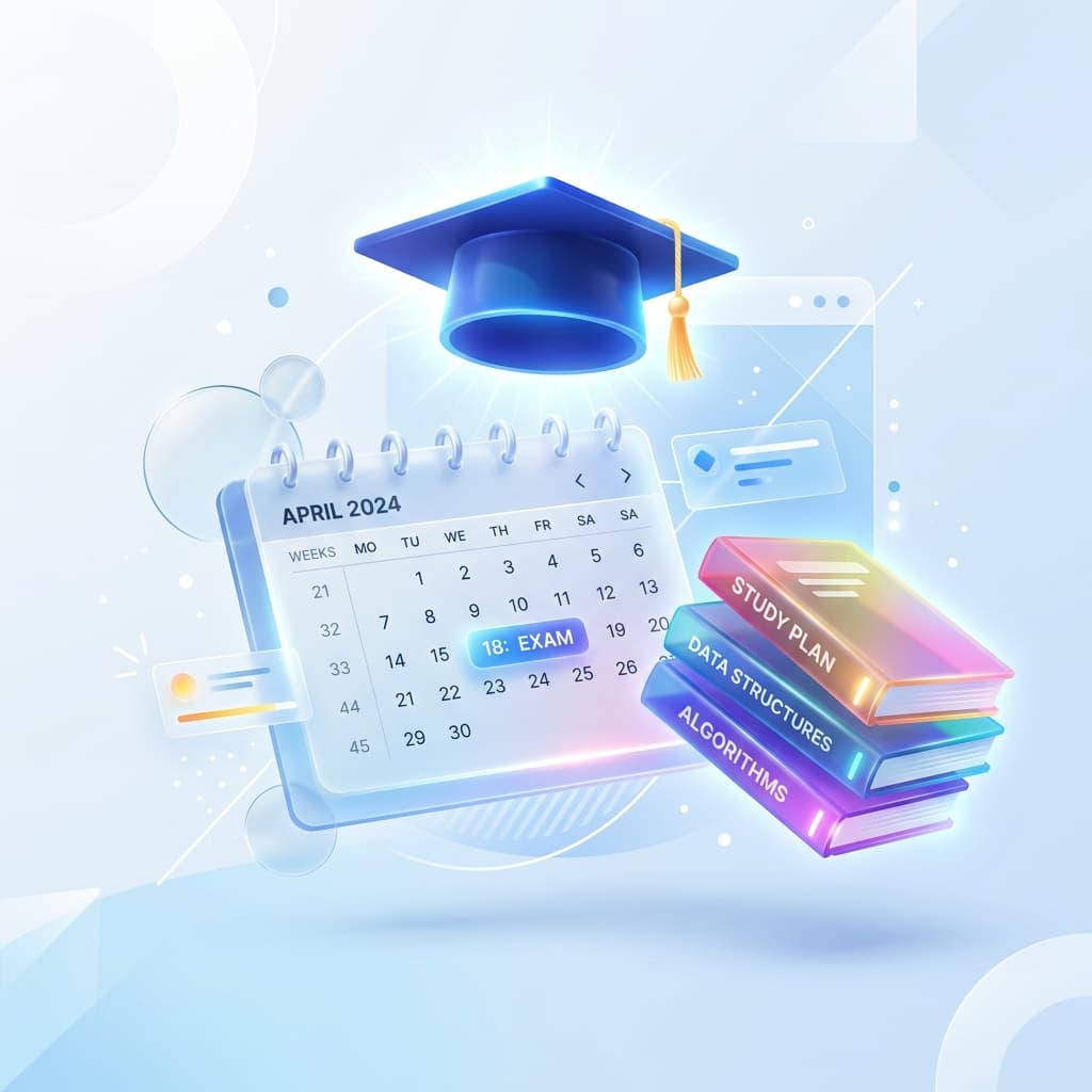 Ilustração de um calendário flutuante com livros, indicando plano de estudos com IA